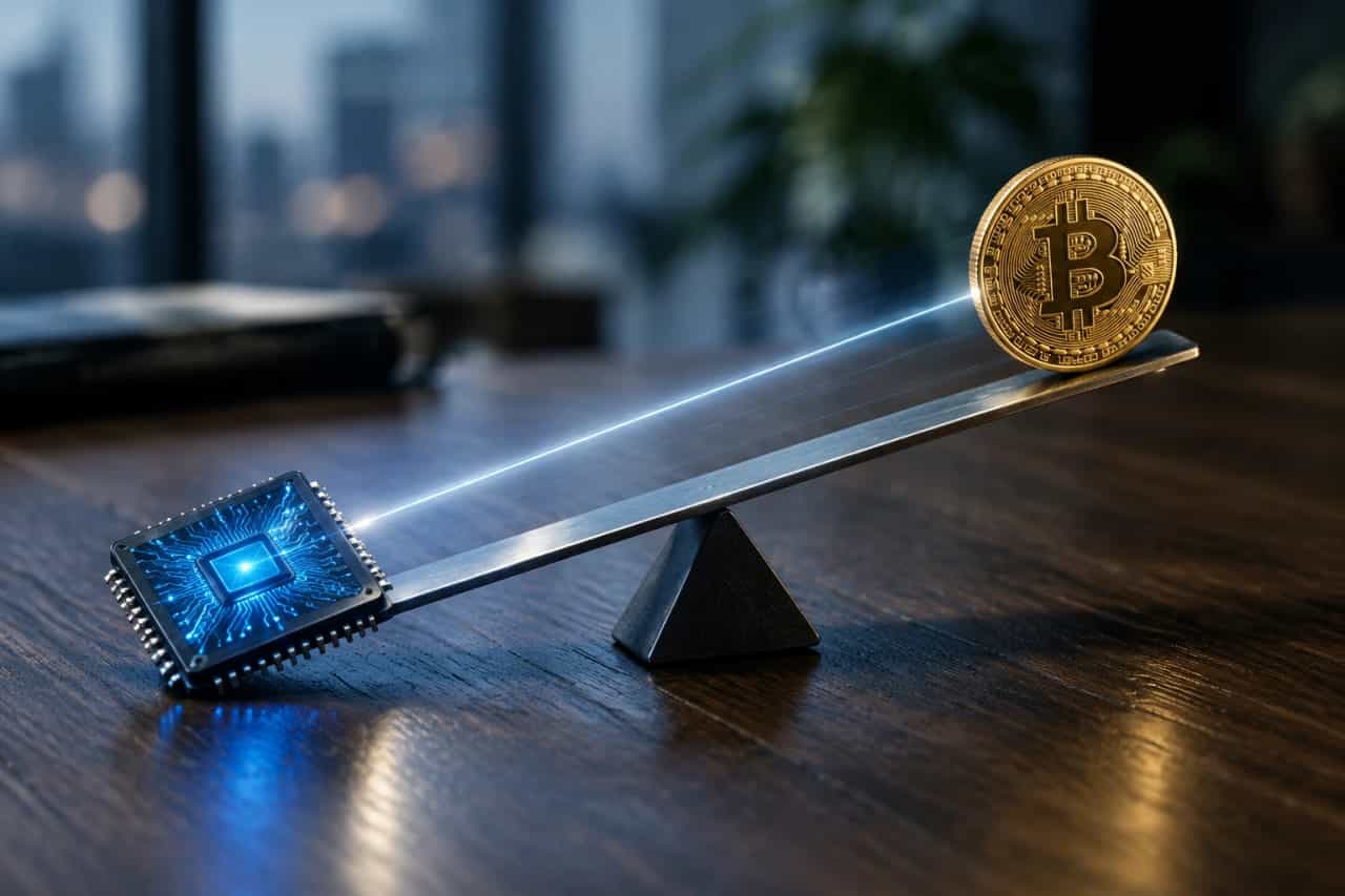 تراشه کامپیوتری و سکه بیت‌کوین روی دو سر یک اهرم تعادل