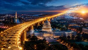 پلی درخشان از سکههای طلا روی گنبد کاپیتول در شب که به سوی سپیدهدم سیاسی امتداد دارد